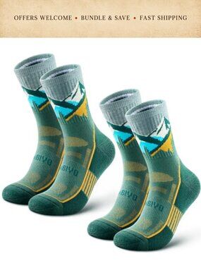 Merino Wool Blend Hiking Crew Socks Cushioned Seamless Toe Outdoor Work 2 Pairs
